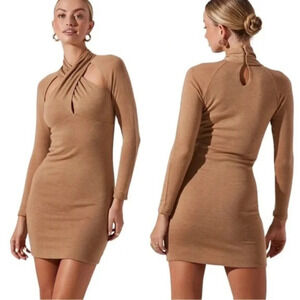 NWT ASTR Dress Long Sleeve Wrap Neck Cutout Knit Mini Tan Size XL